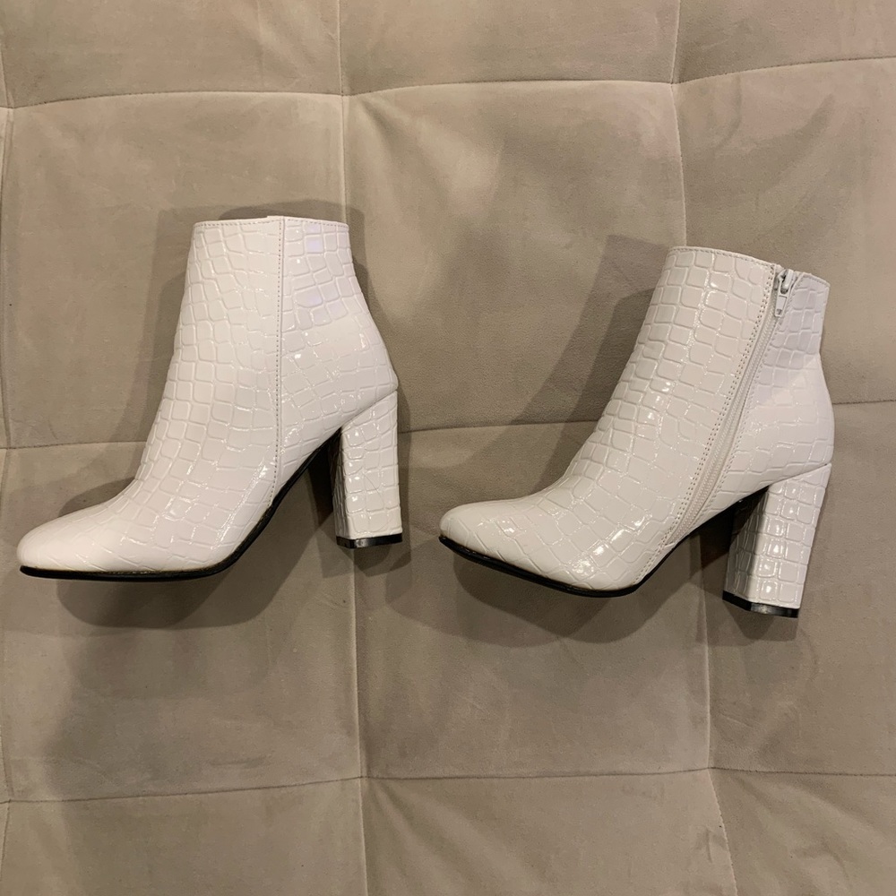 White Croc Embossed Ankle Boots